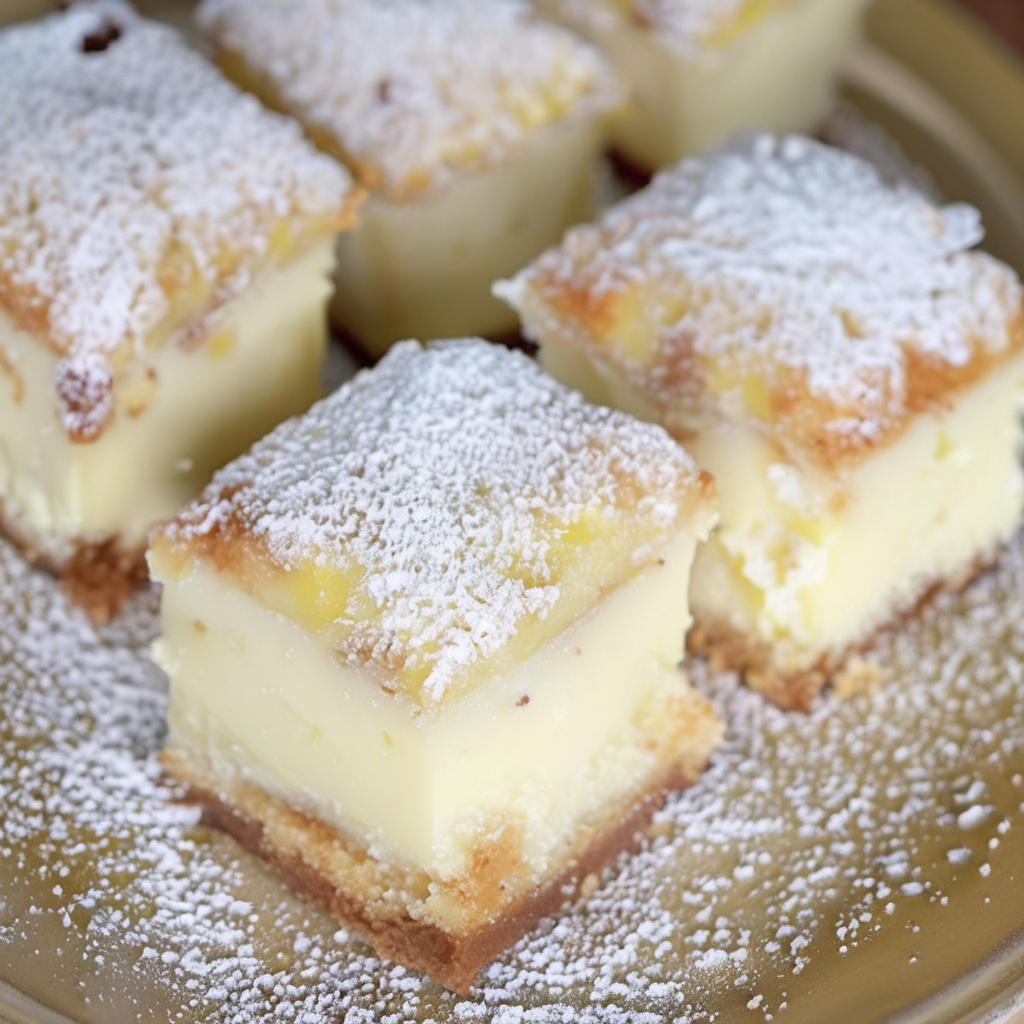 Freshly prepared Vanilla Custard Bars on a cooling rack, showcasing flaky puff pastry layers filled with smooth vanilla custard, dusted with powdered sugar, ready to be served