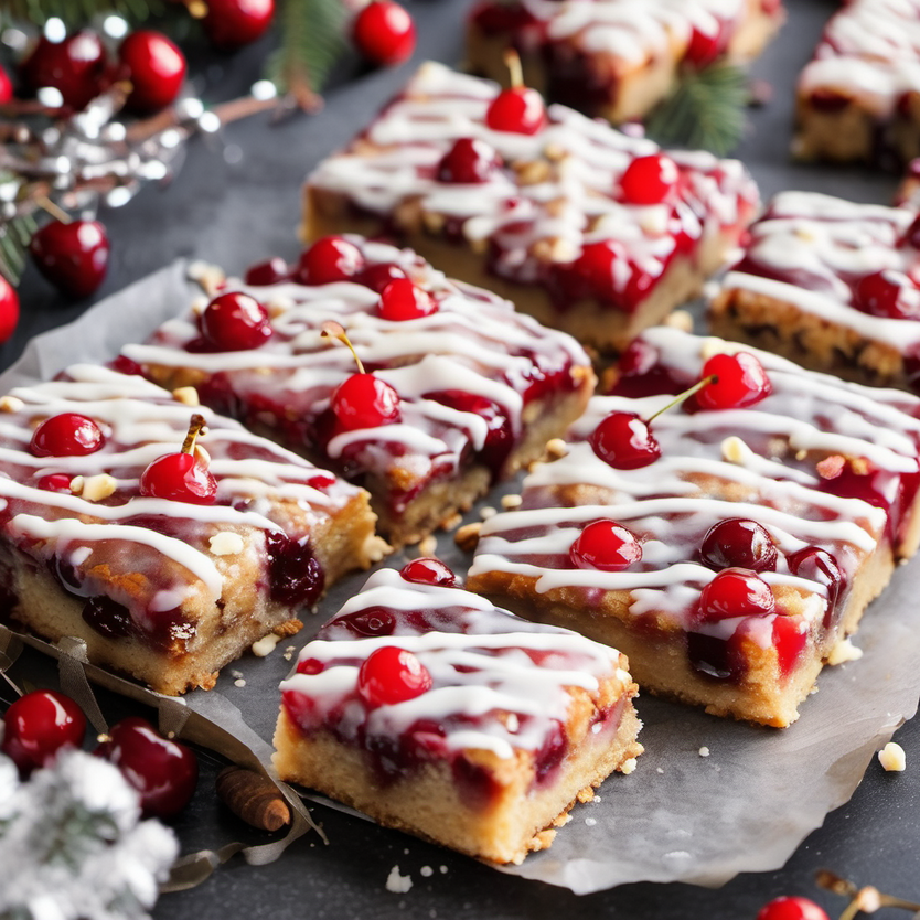 Festive Christmas Cherry Bars topped with a sweet vanilla glaze, perfect for holiday celebrations