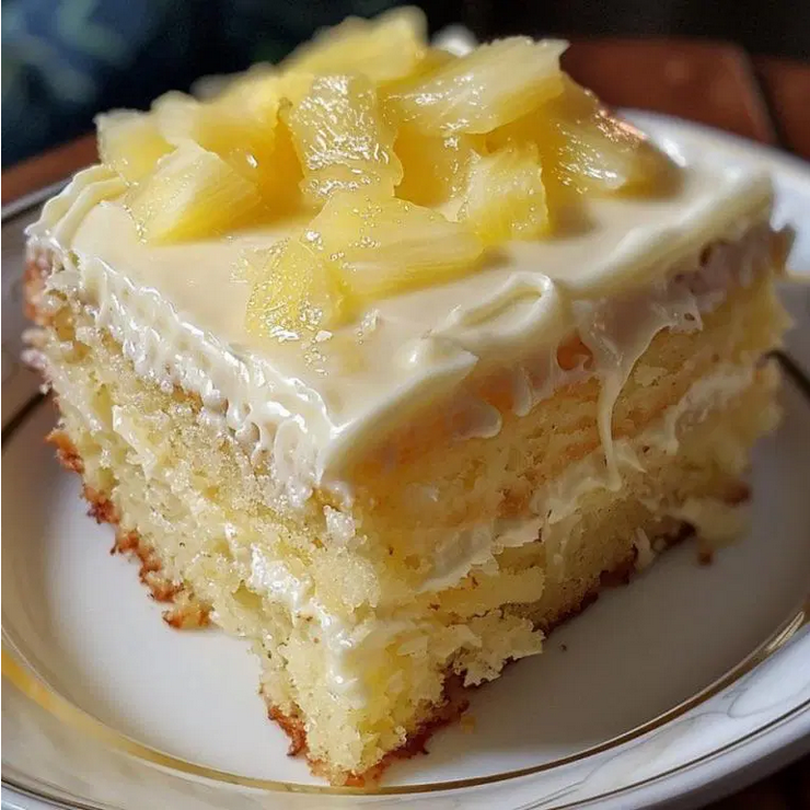 A lush and moist Pineapple Cake on a serving plate, garnished with fresh pineapple slices and a creamy frosting, perfectly embodying a tropical dessert paradise