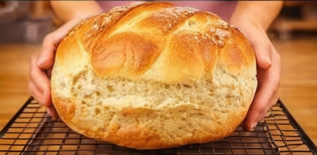 Freshly baked German bread on a rustic wooden cutting board, with a golden crust and soft inside, sliced and ready to be served alongside a bowl of hearty stew