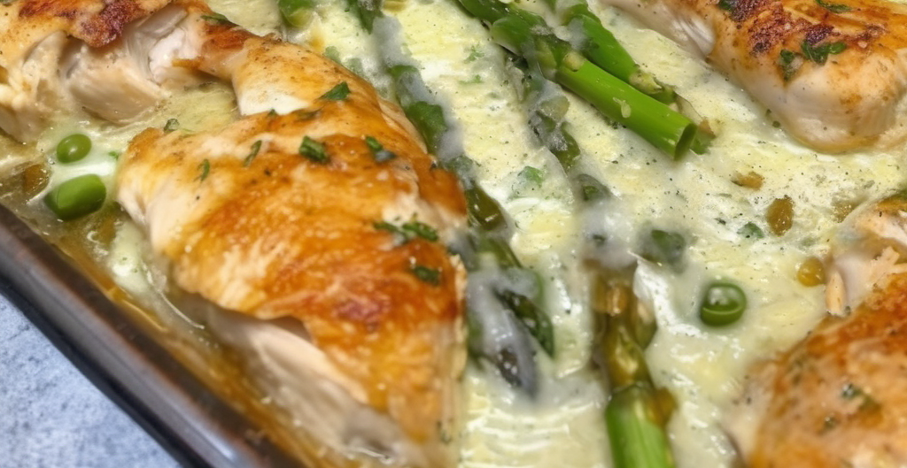 Delicious Caesar Chicken with golden-brown crust and tender asparagus on a stylish ceramic plate, garnished with Parmesan shavings and fresh lemon wedges, ready to delight dinner guests