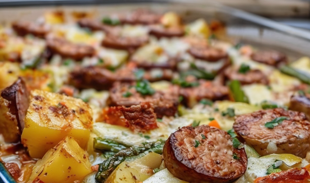 Warm and inviting sausage and potato casserole served in a large baking dish, garnished with melted cheddar cheese and fresh parsley, ready to enjoy at a family gathering