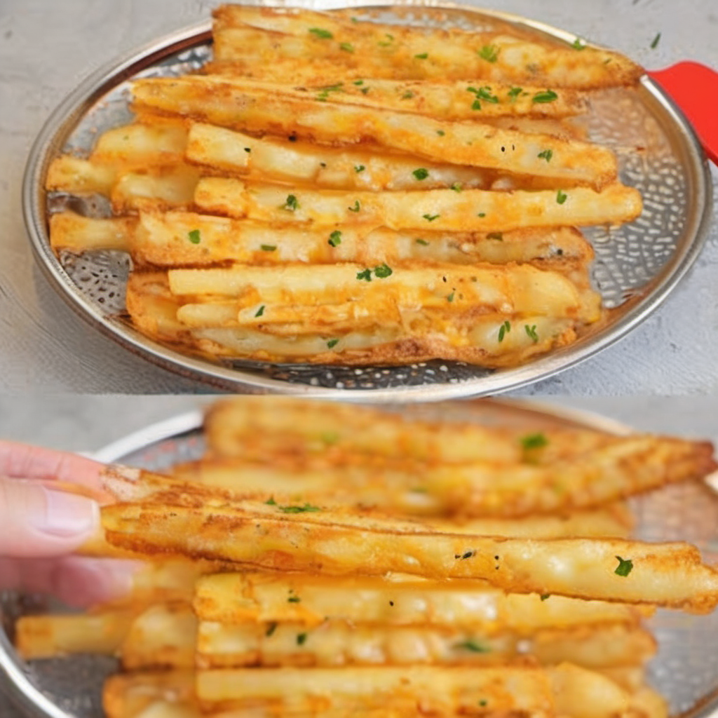 Crispy cheese-topped boiled potato fries served in a stylish ceramic dish, garnished with parsley, and ready to be enjoyed with a side of ketchup