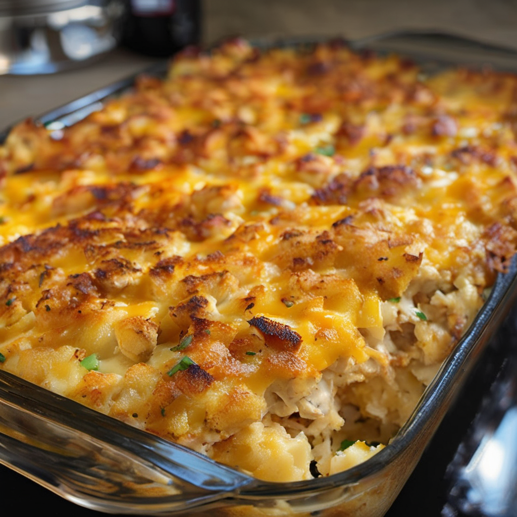 Delicious and cheesy Chicken Hash Brown Casserole fresh out of the oven, topped with golden crispy cornflakes and melted butter, served on a rustic dining table set for a family meal