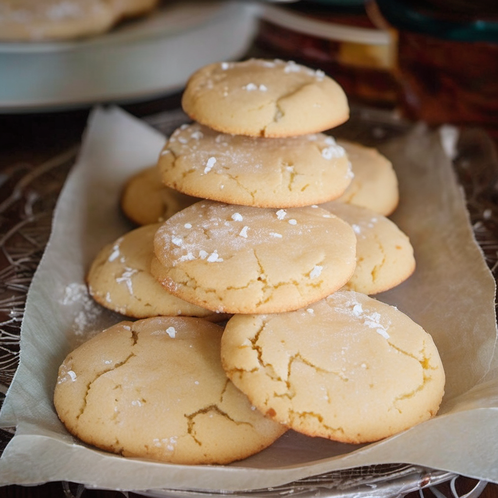 Delicate Southern Tea Cake Cookies arrayed elegantly on a vintage plate, dusted with nutmeg and glistening with a light golden edge, set against a warm, rustic kitchen backdrop