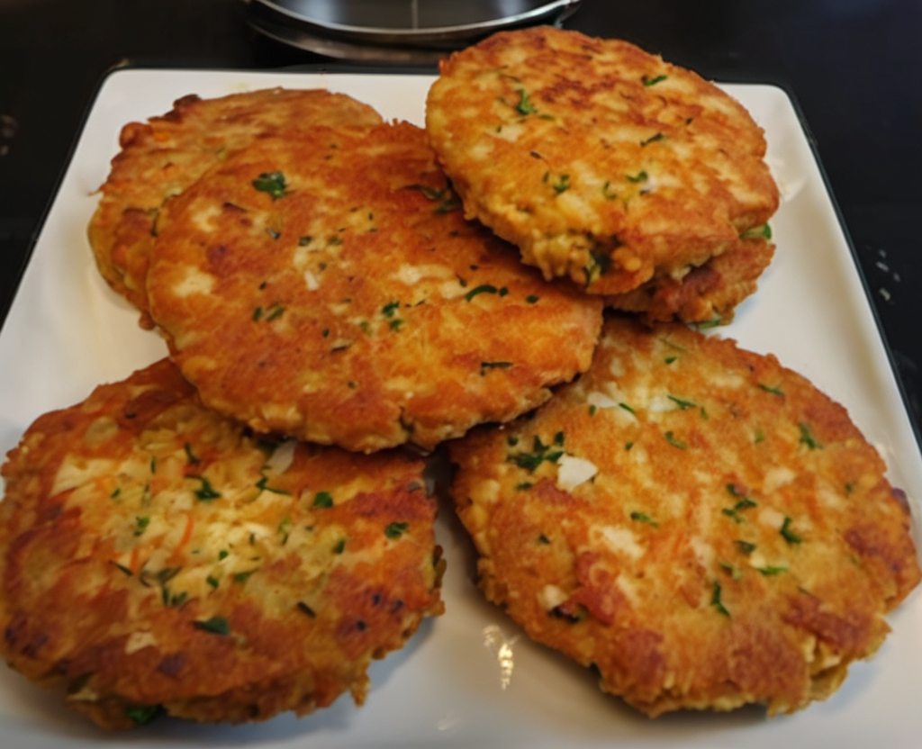 Freshly cooked salmon patties on a modern white plate, garnished with a side of lemon and herbs, served on a rustic wooden table for a nutritious meal.