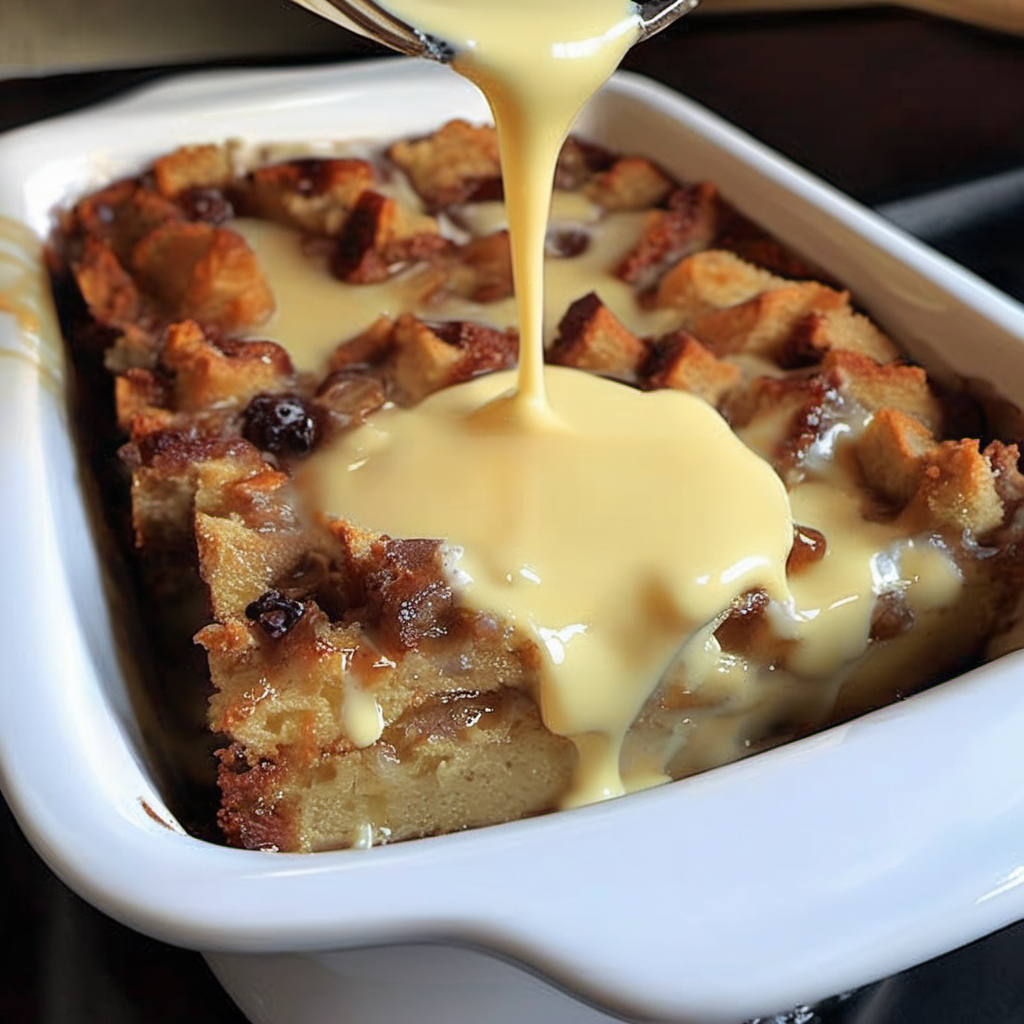 A cozy serving of old-fashioned bread pudding topped with a creamy, rich vanilla sauce, sprinkled with a dash of cinnamon, served in a rustic ceramic dish on a vintage wooden table, invoking a sense of warmth and nostalgia