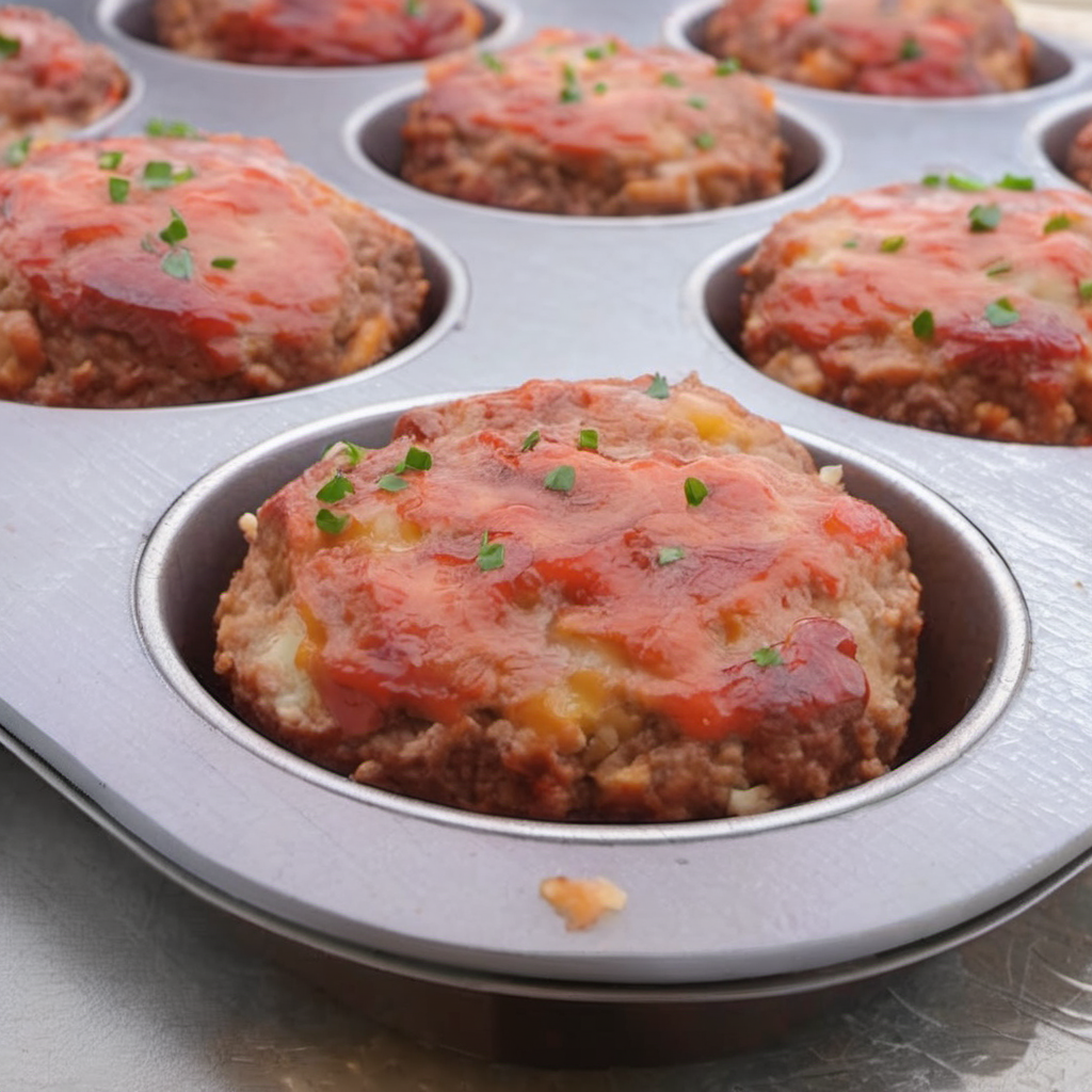Freshly baked mini meatloaf muffins topped with a dollop of ketchup, arranged beautifully on a rustic wooden serving tray, complemented with a side of green beans and mashed potatoes, perfect for a family dinner