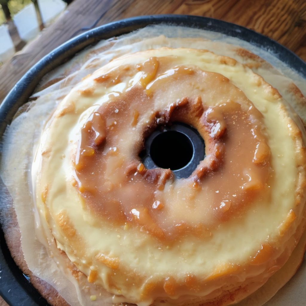 A luxurious Salted Caramel Kentucky Butter Cake displayed on a decorative cake stand, drizzled generously with glossy caramel sauce and sprinkled with sea salt, set against a warm, inviting kitchen background