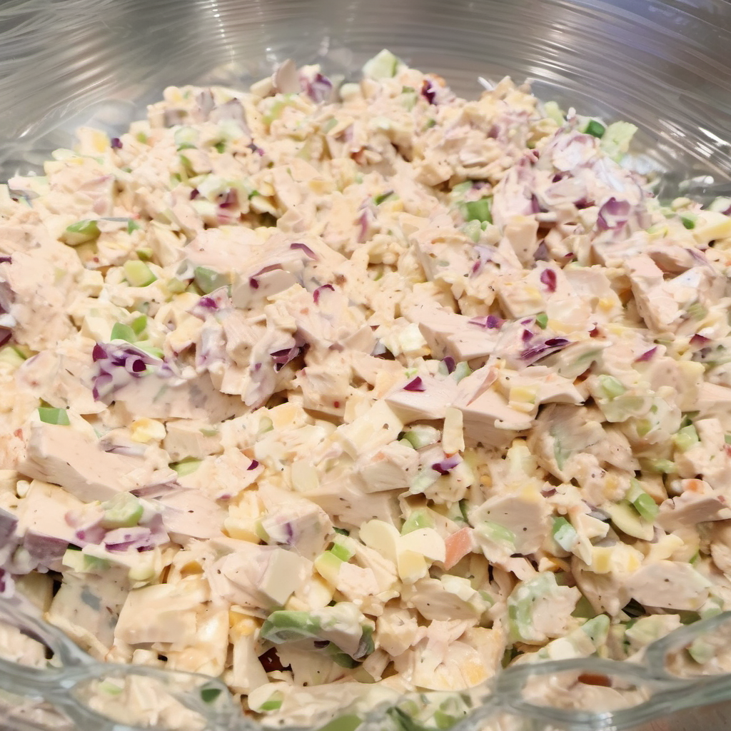 A vibrant and fresh deli-style chicken salad served in a white bowl, garnished with slices of celery and a sprinkle of black pepper, set on a picnic table with a light, airy summer backdrop