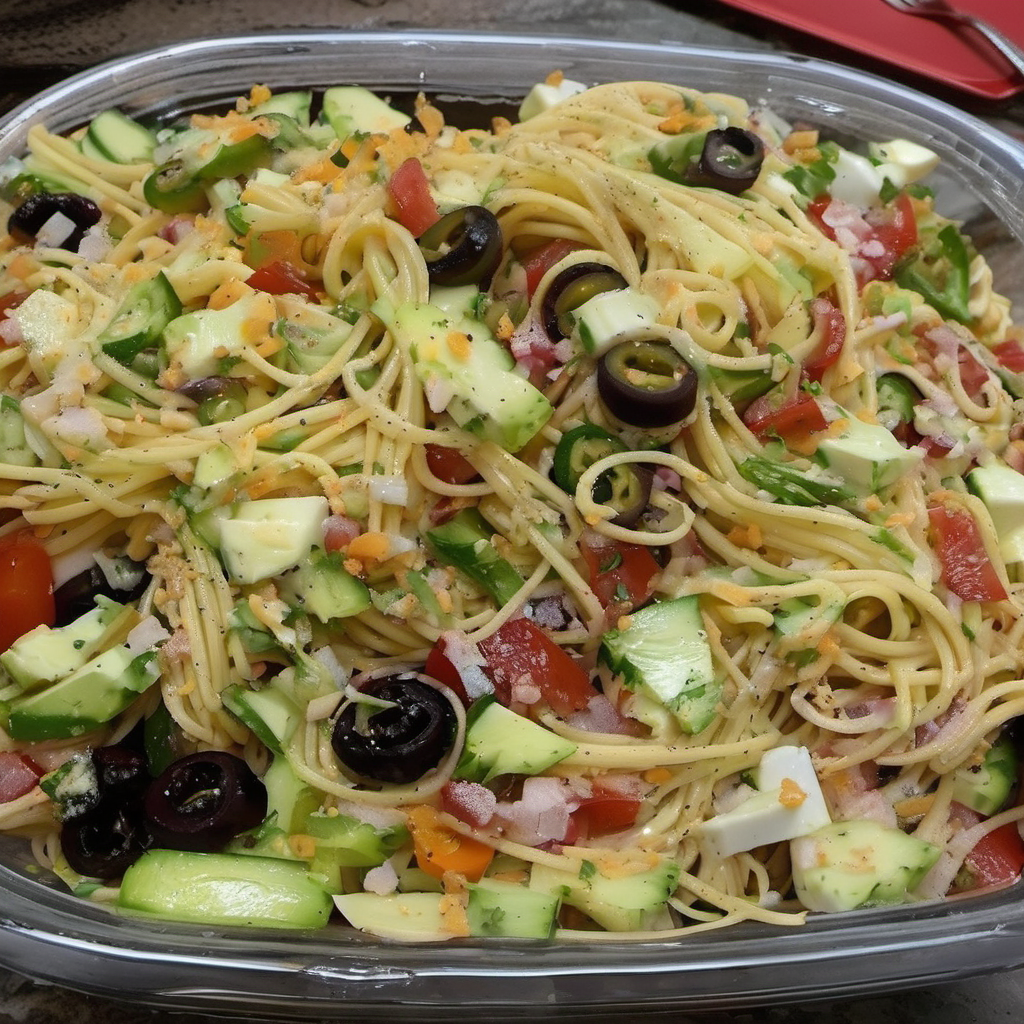 A vibrant California Spaghetti Salad served in a large white bowl, featuring al dente spaghetti mixed with cherry tomatoes, cucumbers, and bell peppers, drizzled with a homemade herbed dressing, perfect for a sunny California-inspired meal