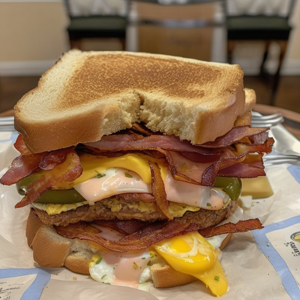 Appalachian Club Sandwich on a plate, showcasing layers of fried bologna, crispy bacon, sunny-side-up eggs, melted cheese, and fresh vegetables, all sandwiched between toasted bread slices, served with a side of pickles