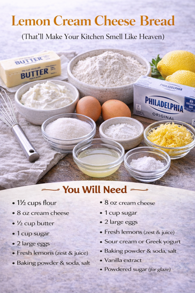 A moist, tender loaf with bright lemon flavor and a creamy cream cheese swirl running through the center. Perfect for breakfast, brunch, or a sweet afternoon treat.