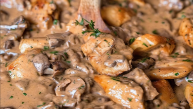 Cozy kitchen scene with a pot of creamy chicken stroganoff, featuring tender chicken and mushrooms in a rich sauce served over egg noodles