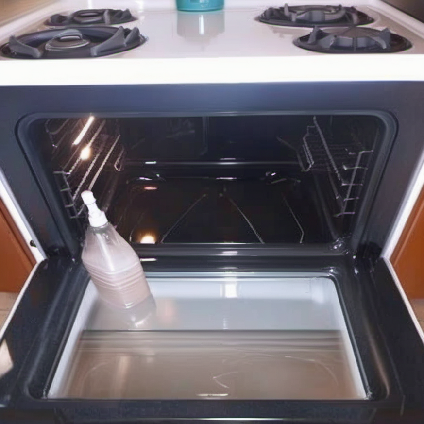 A sparkling clean oven with open door, showing a spotless interior, reflecting the effectiveness of a homemade natural cleaning solution made from baking soda and vinegar