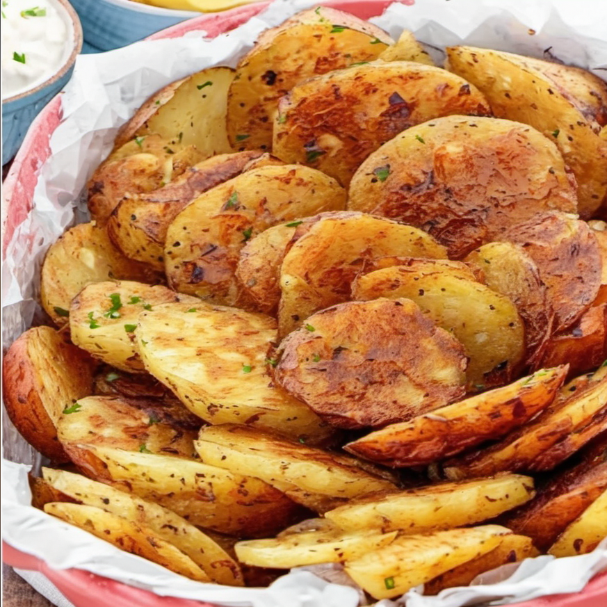 A platter of golden Mojo Potatoes, freshly fried and served with a creamy homemade dip, ready to be enjoyed in a casual home setting