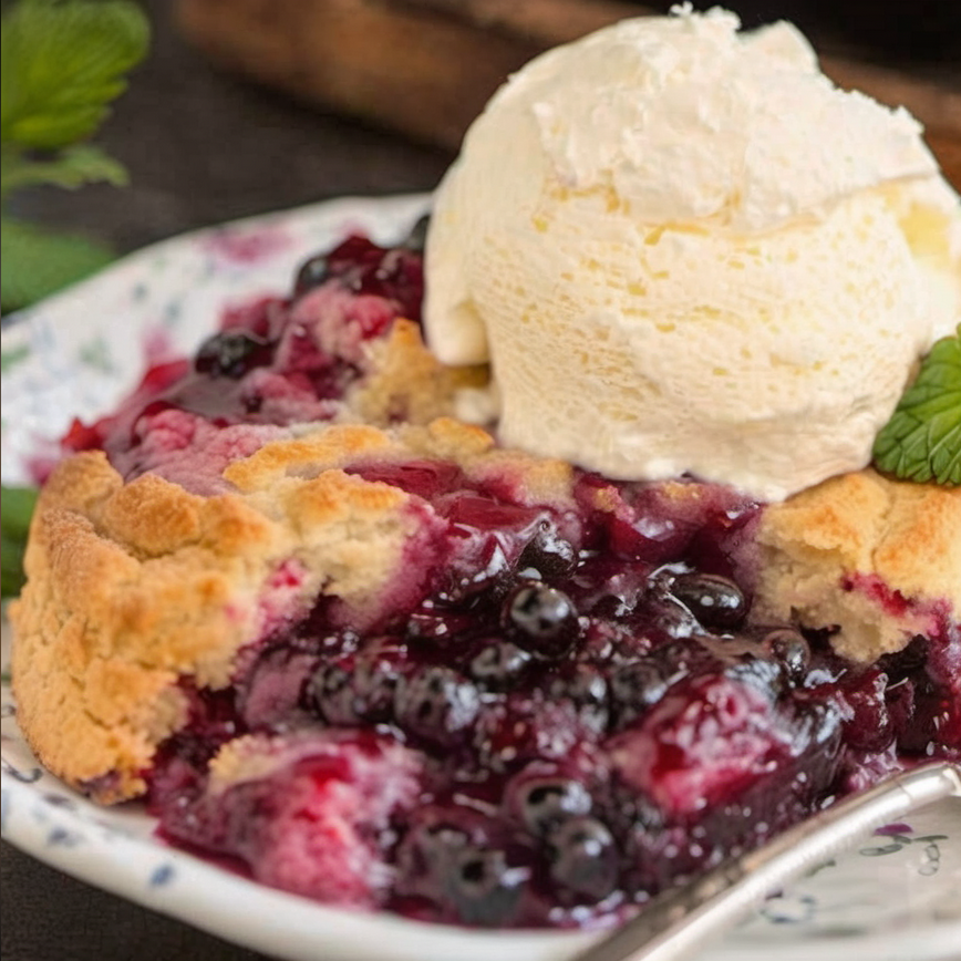 A freshly baked blackberry cobbler, featuring a golden, crispy crust and juicy blackberries, served warm with a dollop of whipped cream