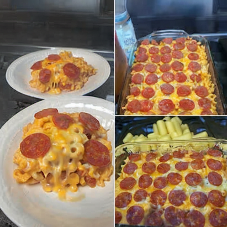 Cheesy and crispy Pepperoni Mac and Cheese Bake in a baking dish, fresh out of the oven, topped with golden, melted mozzarella and spicy pepperoni slices, perfect for a satisfying family dinner