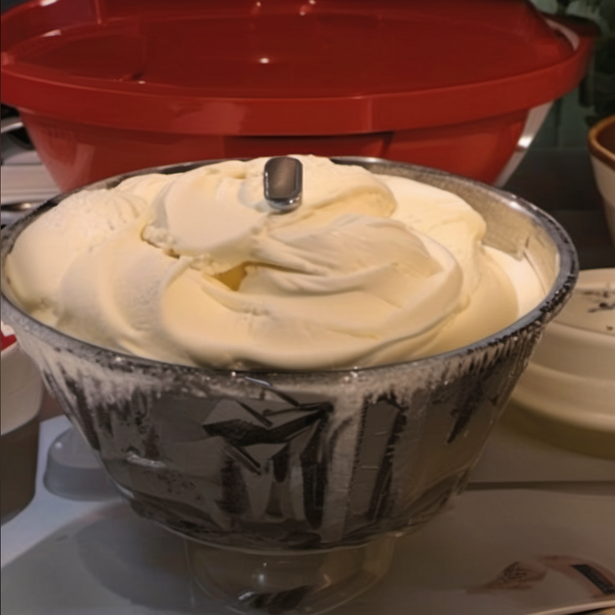 Delicious homemade vanilla ice cream served in a classic bowl, made using an old-fashioned ice cream maker