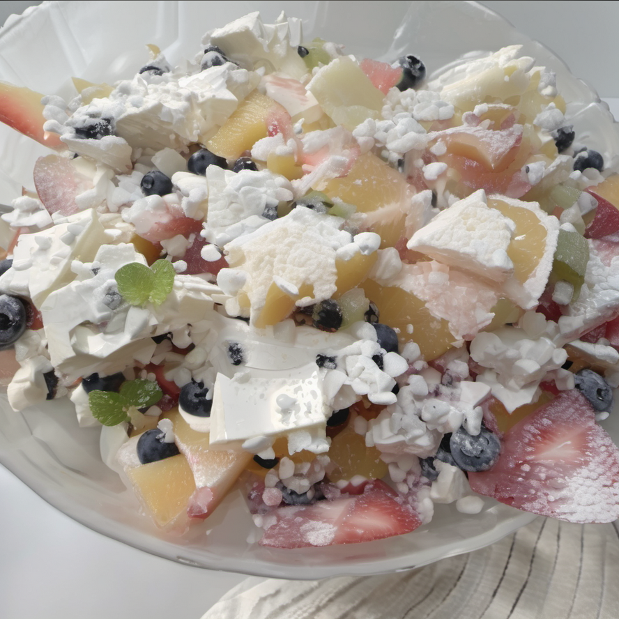 A colorful bowl of fruit and cheesecake salad featuring a creamy cheesecake dressing, with vibrant fruits like strawberries, blueberries, and mango chunks