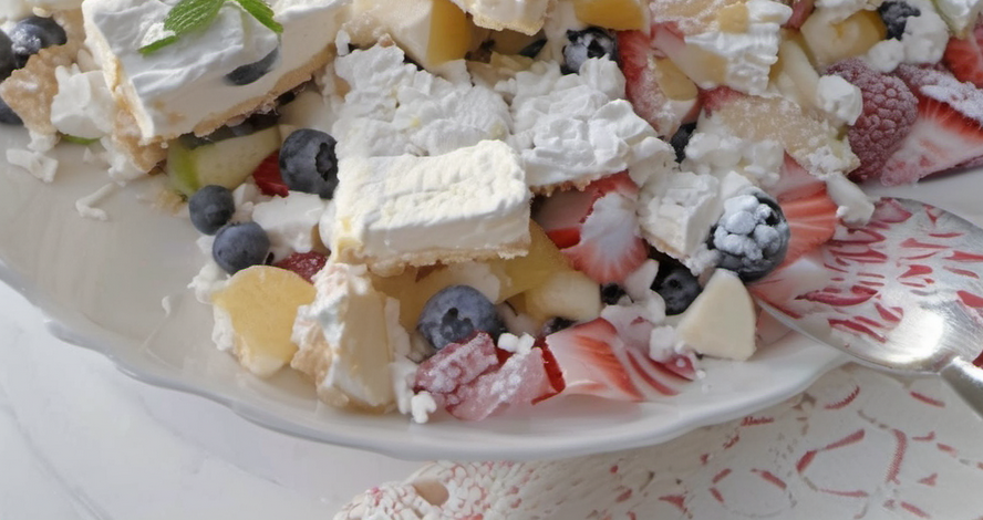 A colorful bowl of fruit and cheesecake salad featuring a creamy cheesecake dressing, with vibrant fruits like strawberries, blueberries, and mango chunks