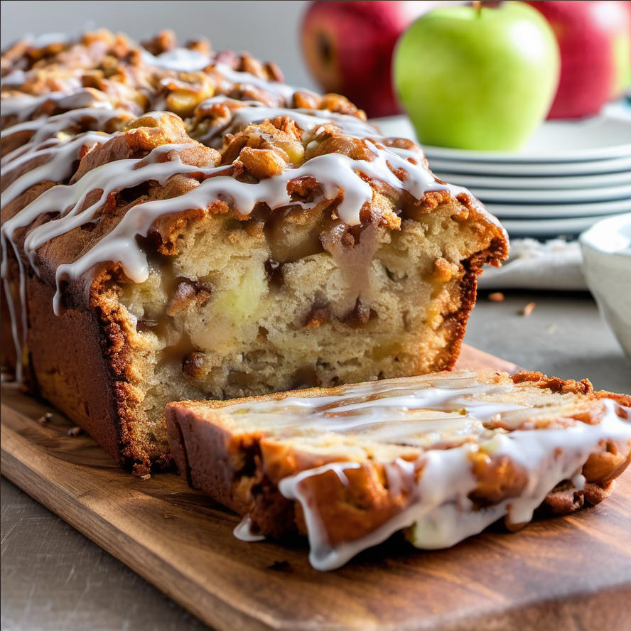 Delicious apple fritter bread with a golden-brown crust, topped with a cinnamon-sugar mixture and a sweet glaze, perfect for a fall dessert
