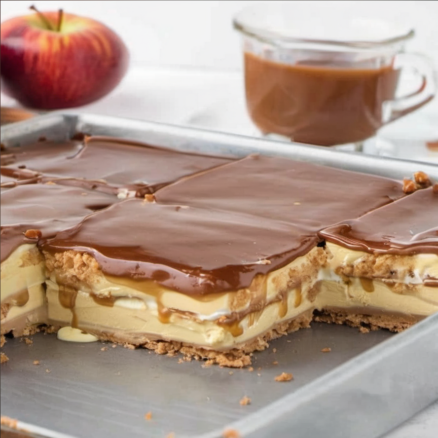 A decadent no-bake caramel apple eclair cake on a white plate with a red checkered napkin, accompanied by a glass of milk and fresh apples, ready to delight any dessert lover