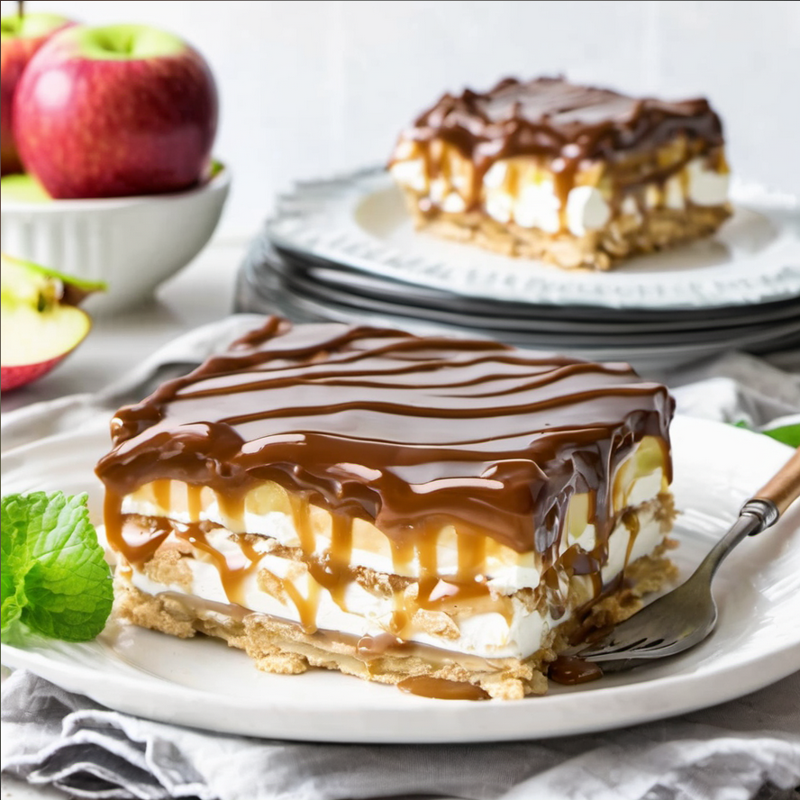 A decadent no-bake caramel apple eclair cake on a white plate with a red checkered napkin, accompanied by a glass of milk and fresh apples, ready to delight any dessert lover