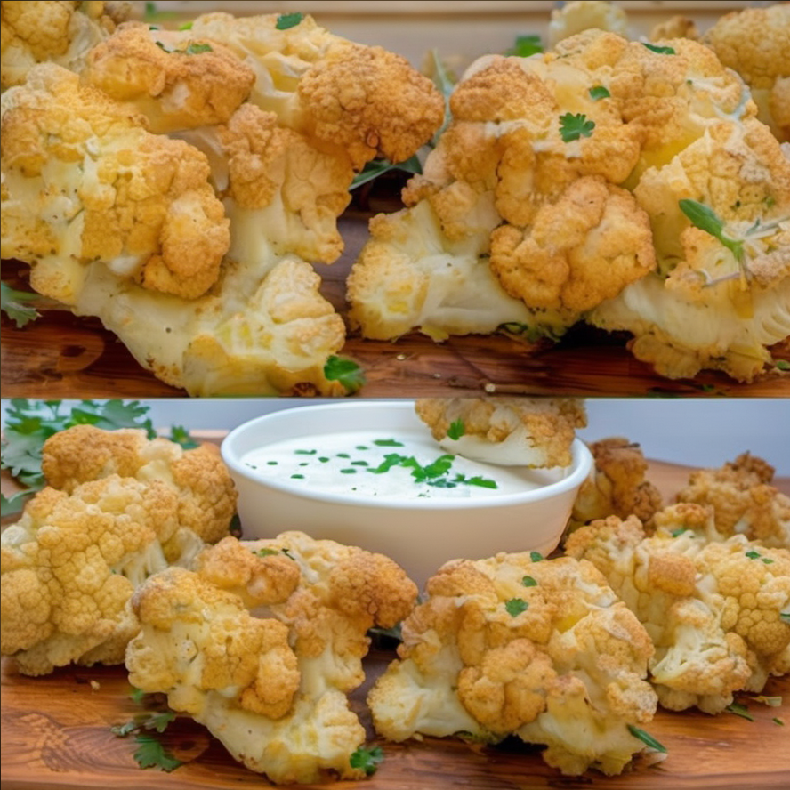 Crispy oven-roasted cauliflower florets with a golden-brown crust served on a white plate, accompanied by a small bowl of herb sauce, garnished with fresh parsley, ready to be enjoyed as a delicious and healthy dish
