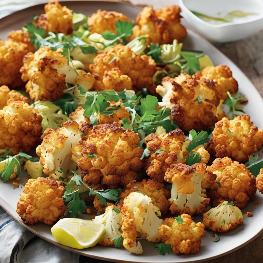Crispy oven-roasted cauliflower florets with a golden-brown crust served on a white plate, accompanied by a small bowl of herb sauce, garnished with fresh parsley, ready to be enjoyed as a delicious and healthy dish