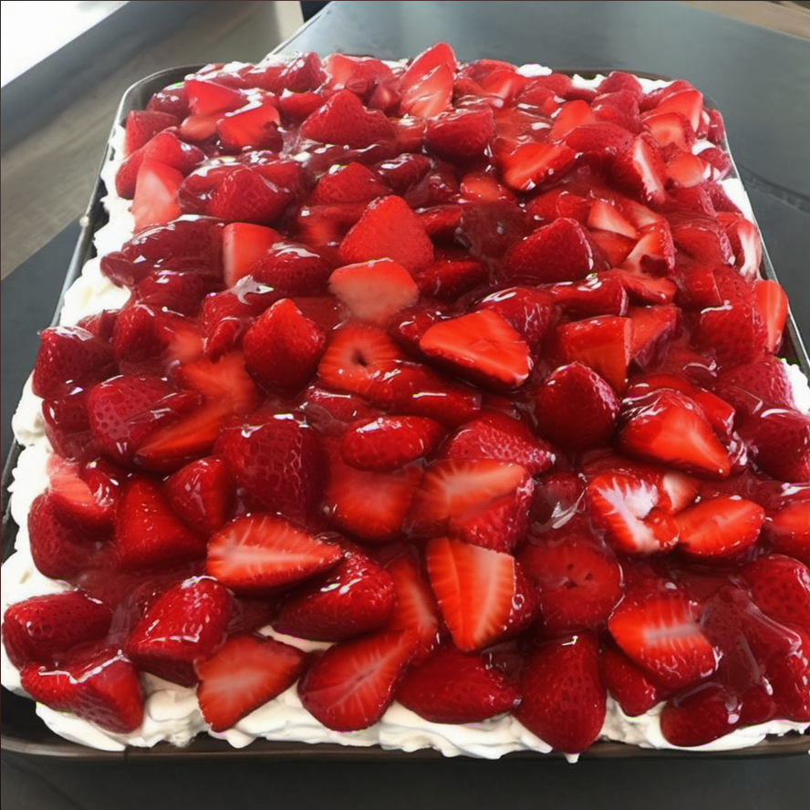 Layered Strawberry Cream Cheese Icebox Cake with Graham Crackers and Whipped Topping in a 13x9-inch baking dish, garnished with fresh strawberries and graham cracker crumbs