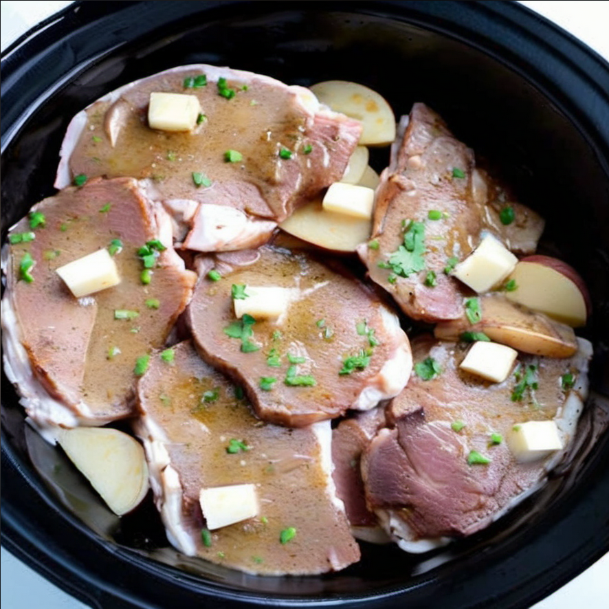 Succulent ranch-seasoned pork chops and tender red potatoes cooked in a crockpot, garnished with fresh parsley.