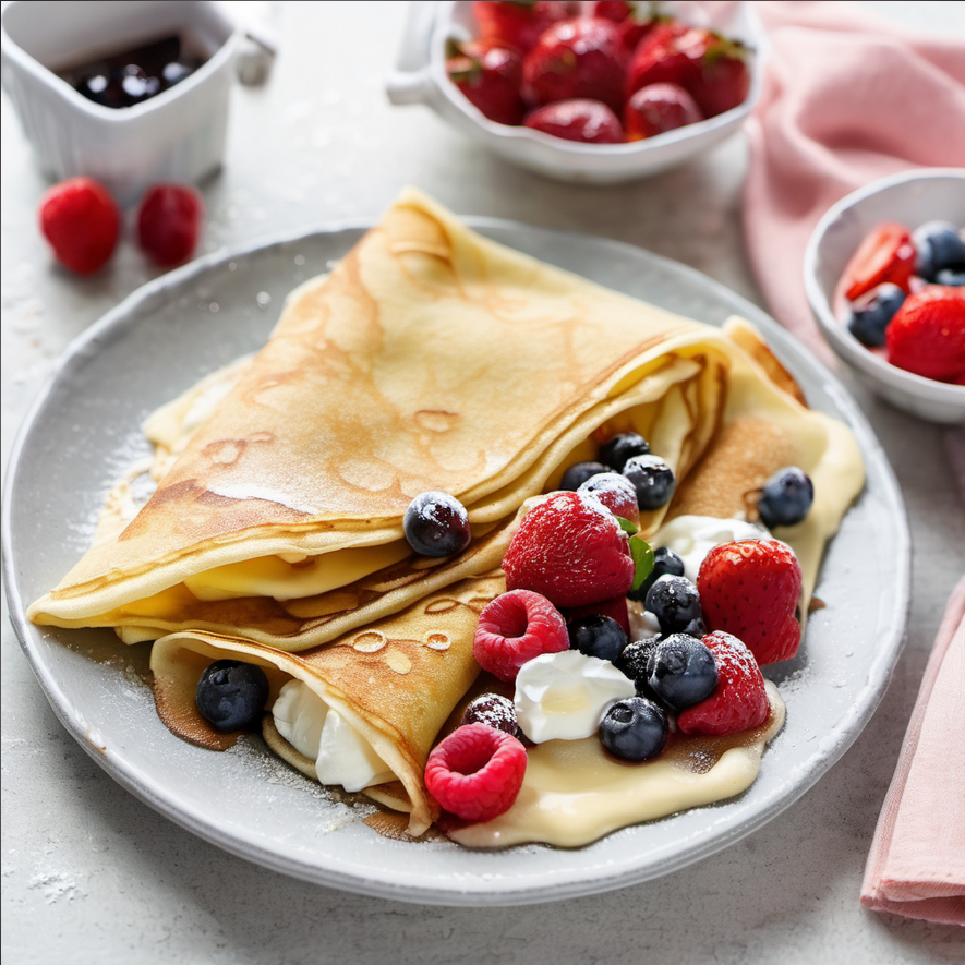 Stack of fluffy yoghurt pancakes topped with honey and fresh berries, served on a white plate