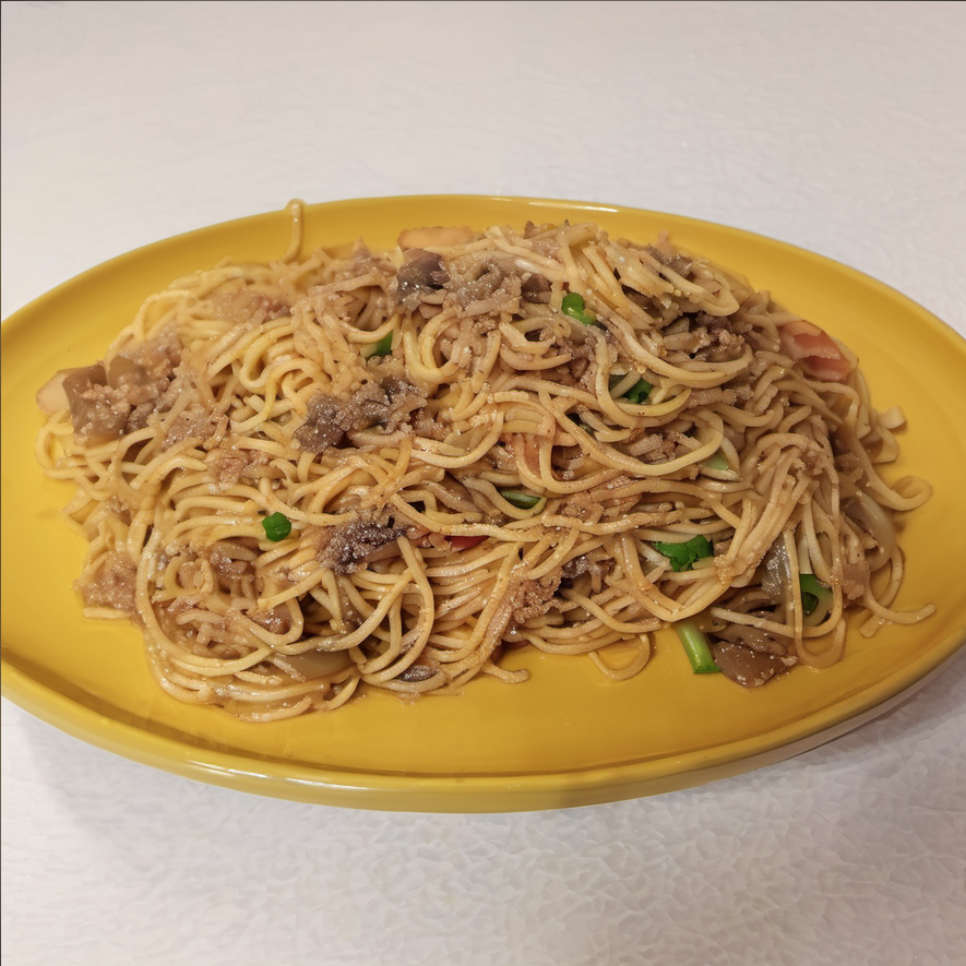 A plate of yakisoba-style spaghetti, garnished with colorful bell peppers and served with chopsticks, on a wooden table Yakisoba Recipe Japanese Noodle Dish Spaghetti Recipe Beef Yakisoba