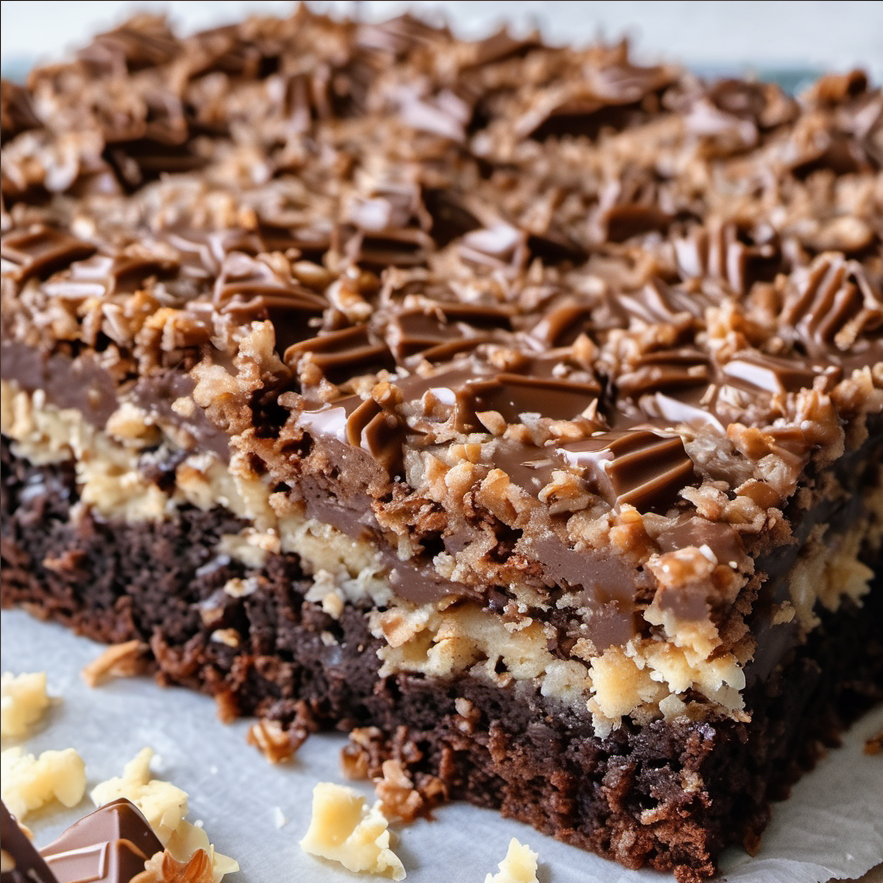 German Chocolate Sheet Cake topped with rich coconut-pecan frosting, sliced and ready to serve on a rustic wooden table  German Chocolate Cake Recipe
Best Chocolate Cake
Easy Sheet Cake Recipe
Homemade German Chocolate Cake