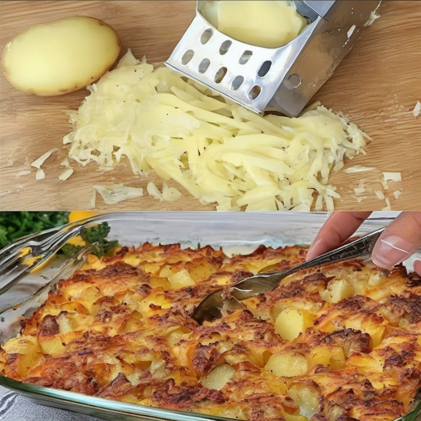 A golden-brown potato bake fresh out of the oven, garnished with herbs, served in a rustic dish on a wooden table, illustrating an affordable and tasty meal.