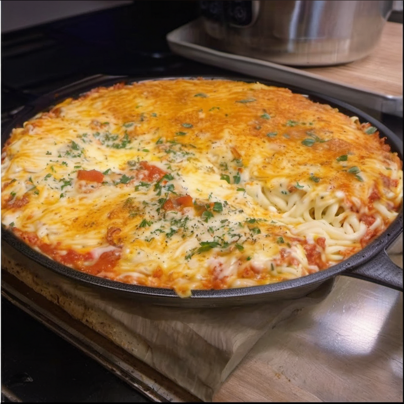 A creamy and cheesy baked spinach spaghetti casserole served steaming in a rustic ceramic dish, topped with golden melted cheese and a sprinkle of fresh herbs.