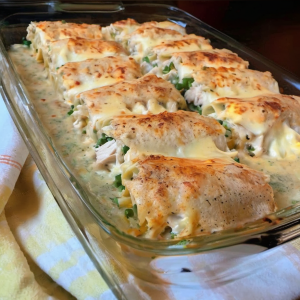 Freshly baked Chicken Alfredo Lasagna Rolls topped with golden melted cheese and parsley, served hot on an elegant white serving dish.