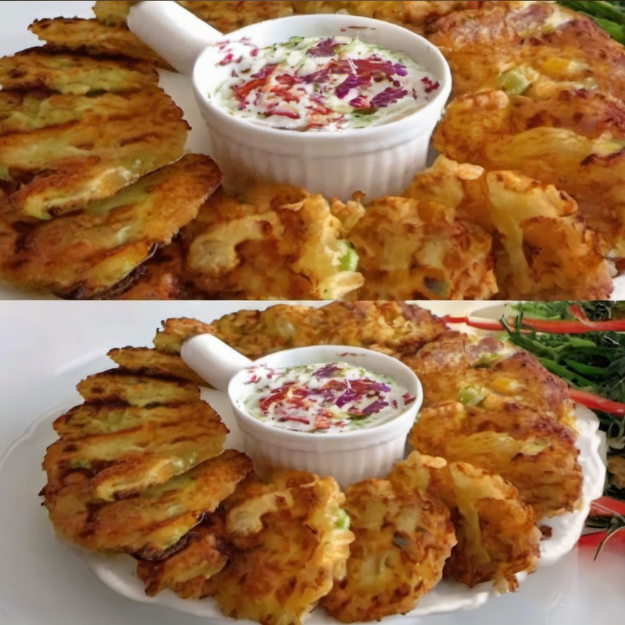 Golden-brown cabbage fritters on a white plate, garnished with parsley, served with a side of sour cream and fresh lemon wedges. The fritters have a crispy exterior and a tender, savory interior, showcased in a cozy, inviting setting