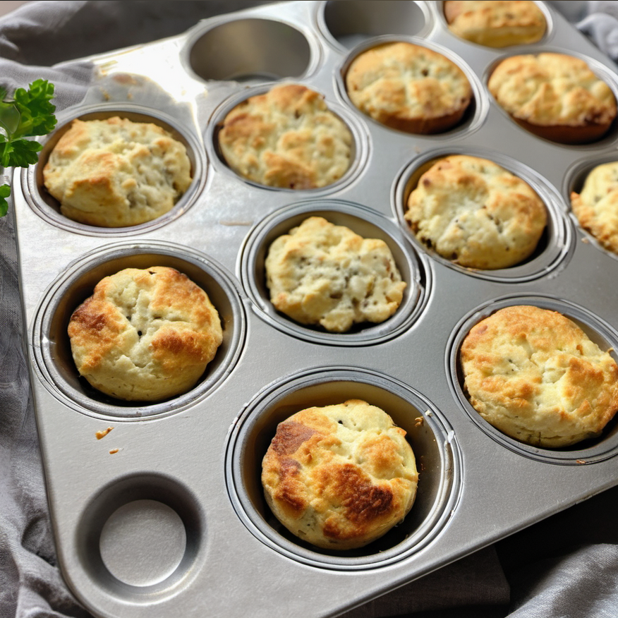 Delicious golden-brown Low Carb Biscuits freshly baked in a muffin tin, displayed on a cooling rack with a light, airy texture visible, perfect for a healthy, guilt-free treat