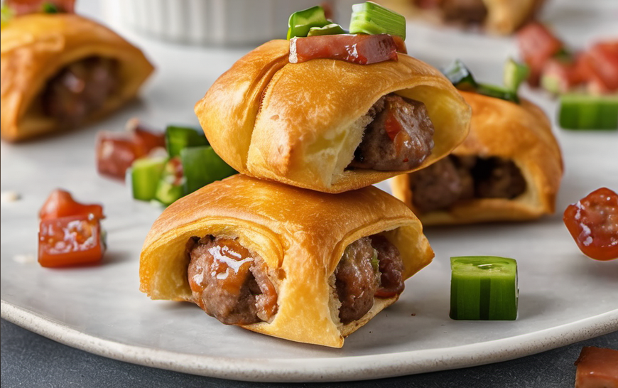 Golden-brown crescent rolls stuffed with savory sausage and melted cheese, served on a chic serving tray, ready to delight guests at any festive gathering