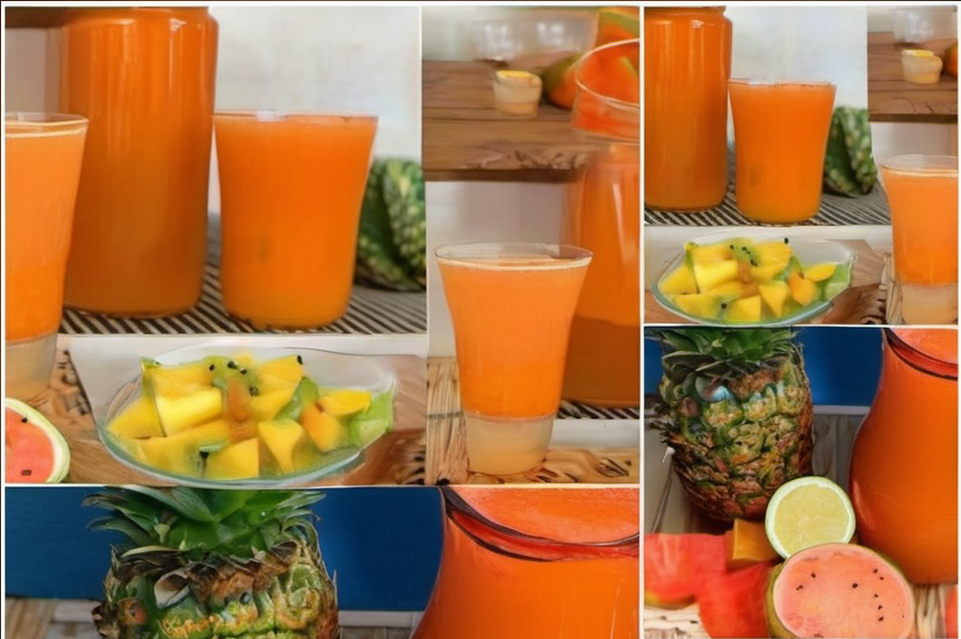 A vibrant glass of tropical juice filled with pineapple, carrots, and a hint of turmeric, sitting on a sunny kitchen counter, symbolizing a healthy lifestyle choice.