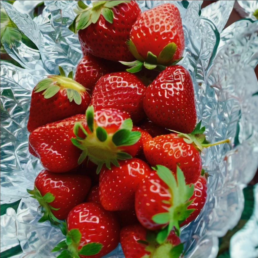 A bowl of vibrant, fresh strawberries immersed in a clear vinegar-water solution, with a bottle of white vinegar and a measuring cup visible in the background. The strawberries are being prepared for soaking, symbolizing a natural and effective method to prolong their freshness.