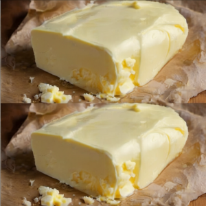 A kitchen counter with a bowl of freshly made butter, next to a container of organic heavy cream and a small jar of salt. A stand mixer stands ready in the background, symbolizing the simple yet satisfying process of making homemade butter