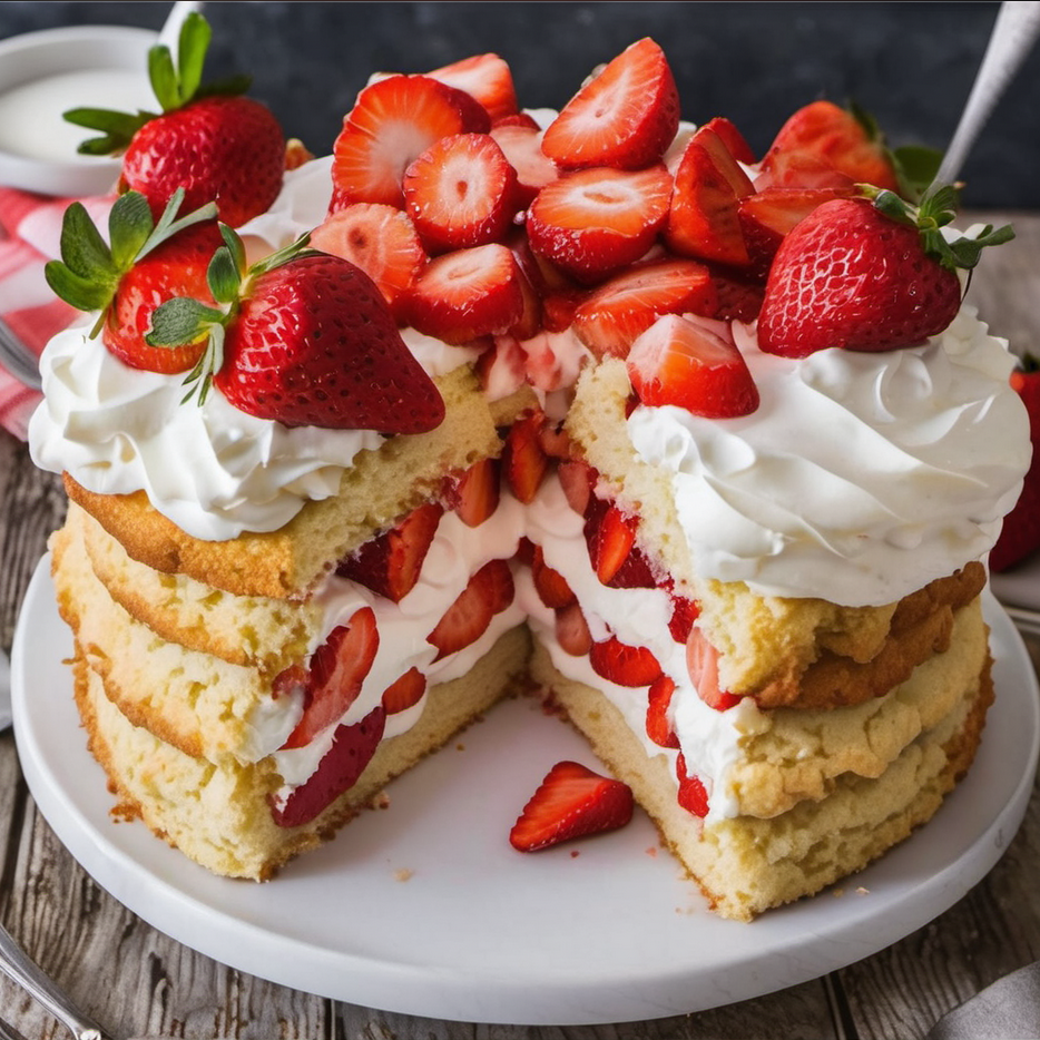A beautifully assembled strawberry shortcake on a serving plate, layered with lush whipped cream and fresh strawberries, set against a bright, airy kitchen background, evoking a sense of homemade luxury.