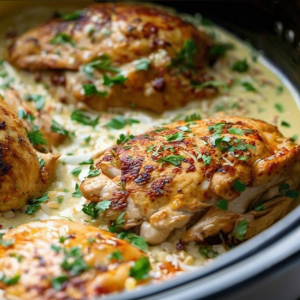 A succulent slow cooker filled with golden, tender chicken legs topped with melted cheddar cheese and freshly chopped parsley, exuding a rich, savory aroma that fills the kitchen, inviting everyone to the table