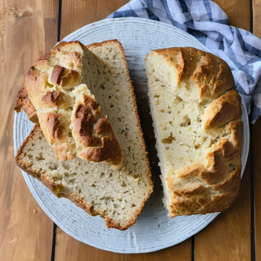 A golden loaf of Beer Bread, freshly sliced and ready to be enjoyed, sitting on a rustic wooden board with a cold glass of beer beside it. The bread's chewy crust and soft, tender interior are visible, making it look irresistibly delicious.