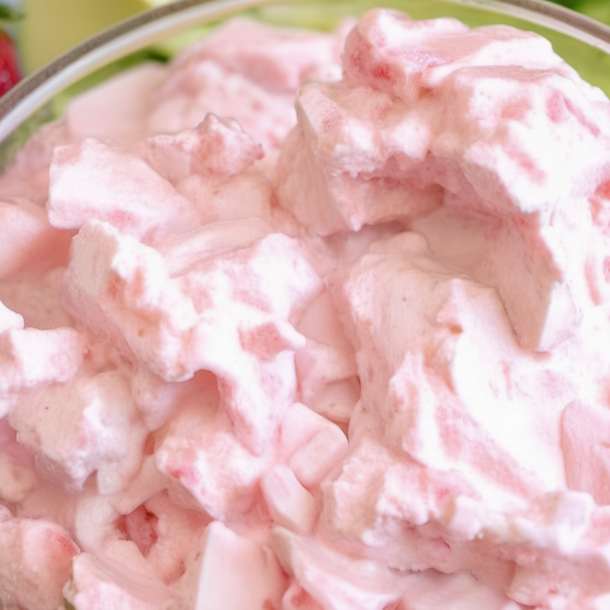 A close-up of a glass bowl filled with Rhubarb Fluff, showcasing its creamy texture and vibrant pink color, garnished with a fresh strawberry and a mint leaf.