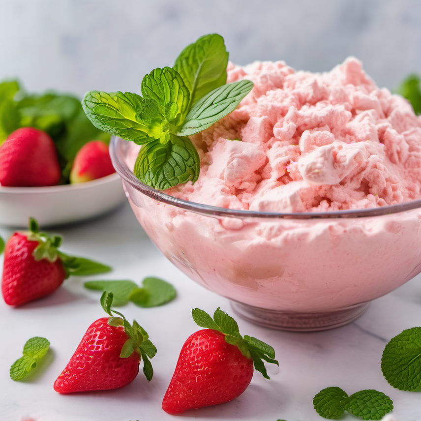 A close-up of a glass bowl filled with Rhubarb Fluff, showcasing its creamy texture and vibrant pink color, garnished with a fresh strawberry and a mint leaf.
