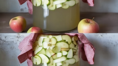 A jar of homemade apple cider vinegar with sliced apples submerged in the liquid, placed on a rustic kitchen table.